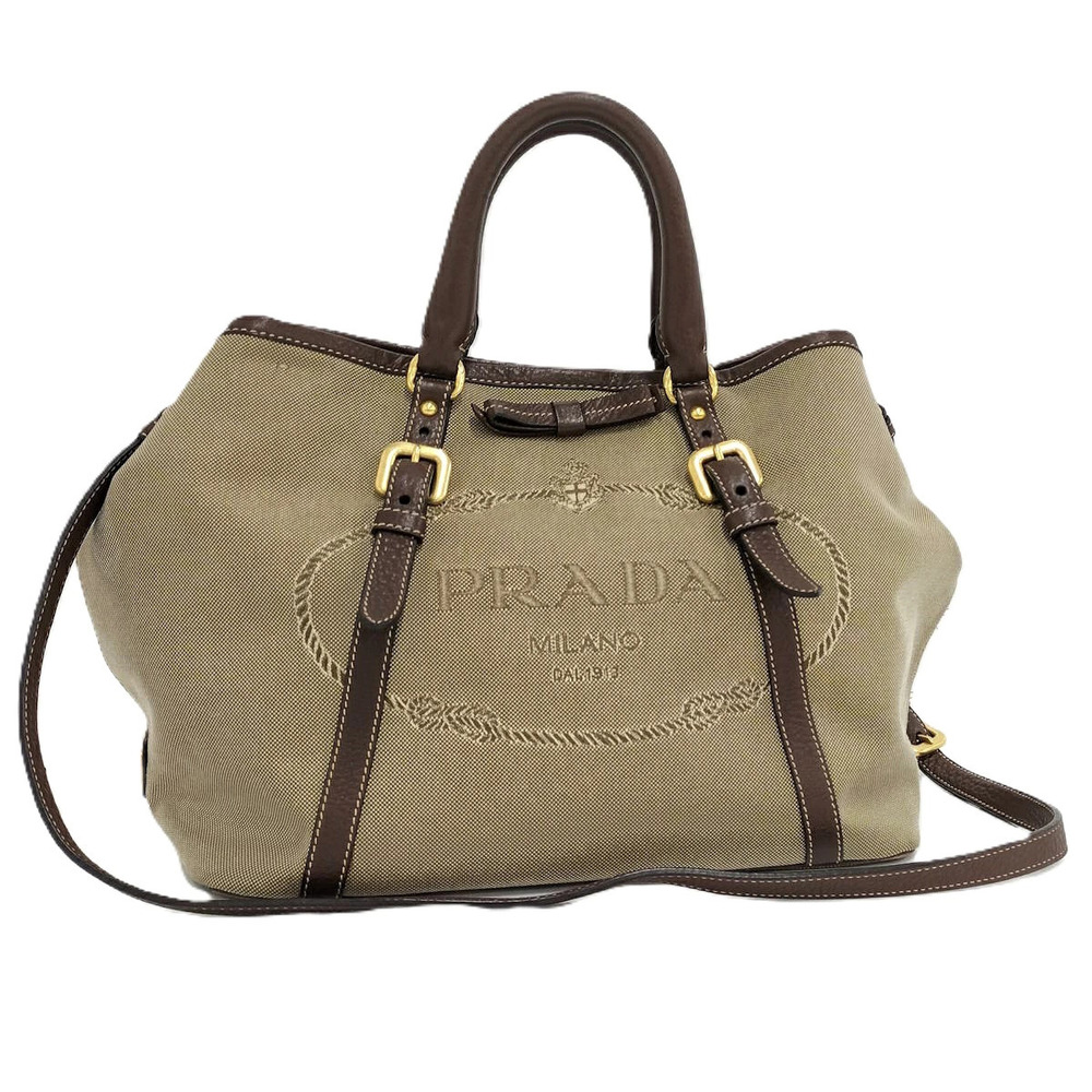 Prada Shoulder Bag Canvas Leather Beige Brown
